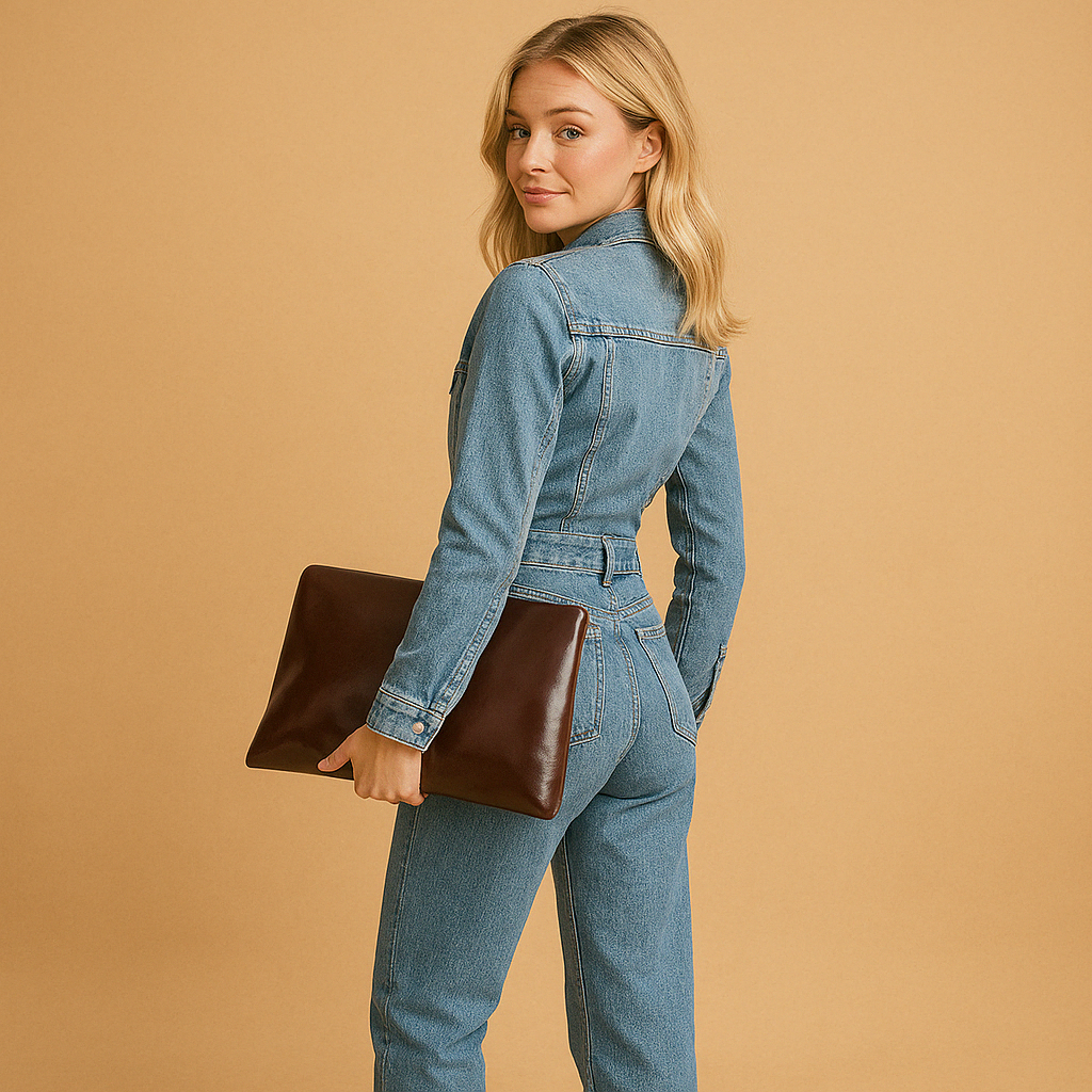 Denim long-sleeve jumpsuit for women with straight-leg fit, designed for all-season comfort and casual everyday style.