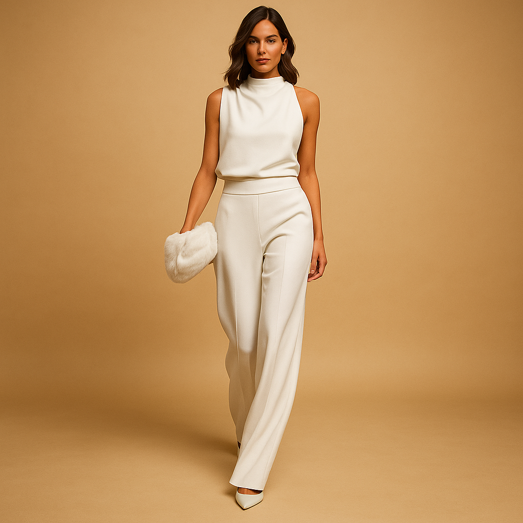 Elegant halter jumpsuit for women with a decorative bow, wide-leg silhouette, and breathable fabric, perfect for parties, dinners, and elegant occasions.