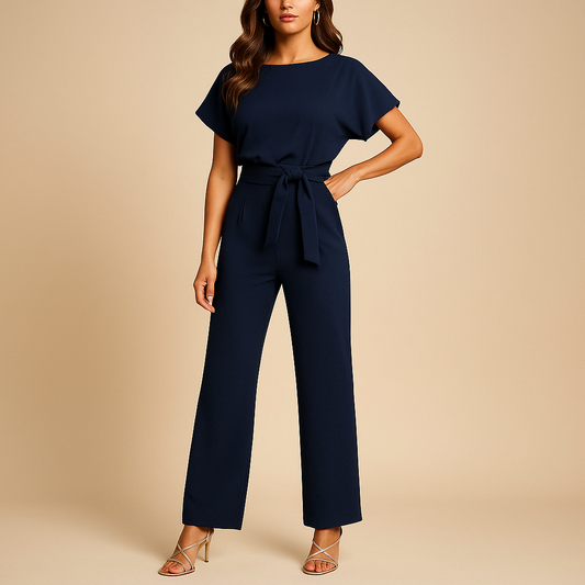 High-waist jumpsuit for women with elegant lace-up detail and flattering fit, available in multiple colors, ideal for work or evening wear.