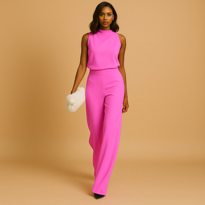 Elegant halter jumpsuit for women with a decorative bow, wide-leg silhouette, and breathable fabric, perfect for parties, dinners, and elegant occasions.