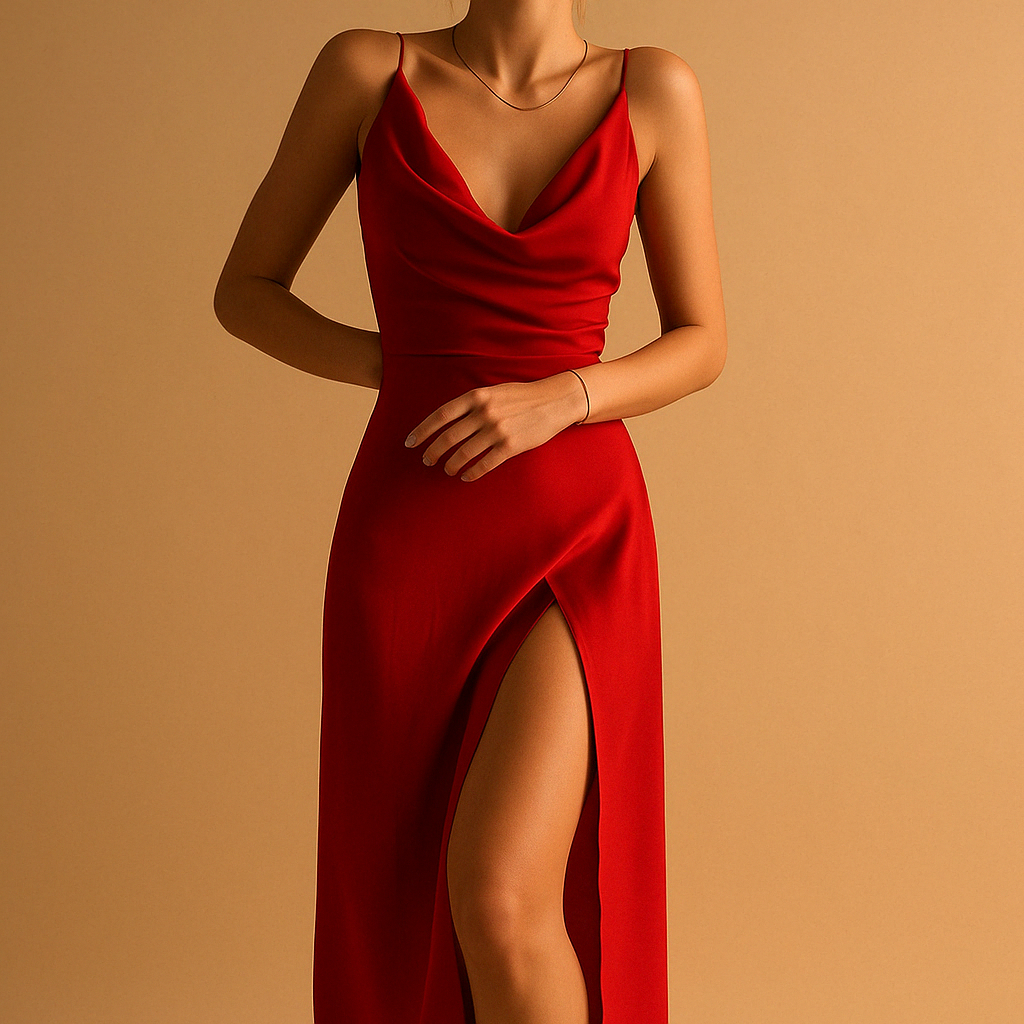 Elegant V-neck maxi dress for women with flowing fit and refined details, perfect for weddings, galas, and formal occasions.