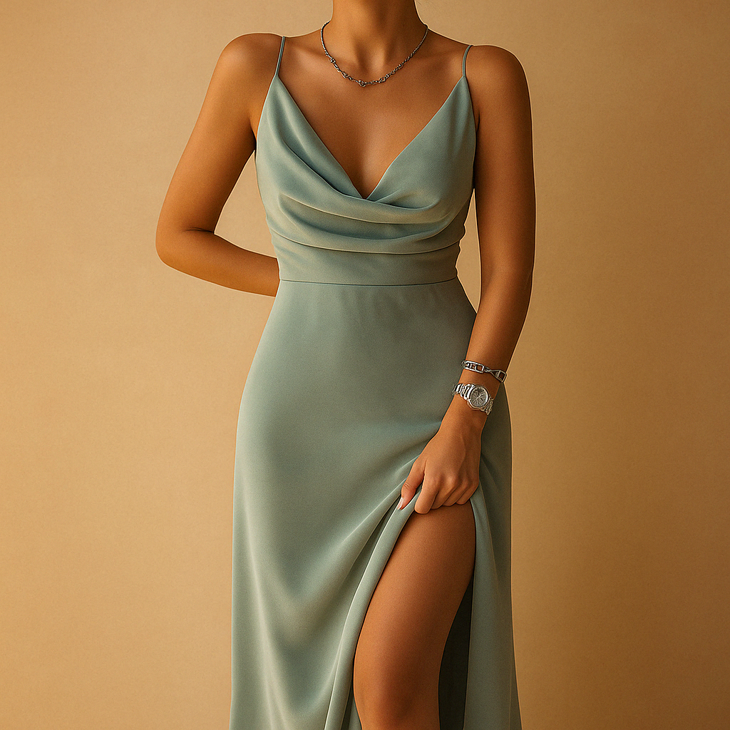 Elegant V-neck maxi dress for women with flowing fit and refined details, perfect for weddings, galas, and formal occasions.