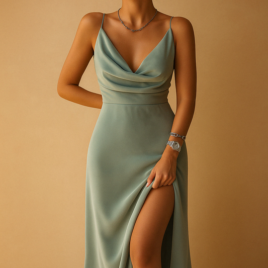 Elegant V-neck maxi dress for women with flowing fit and refined details, perfect for weddings, galas, and formal occasions.