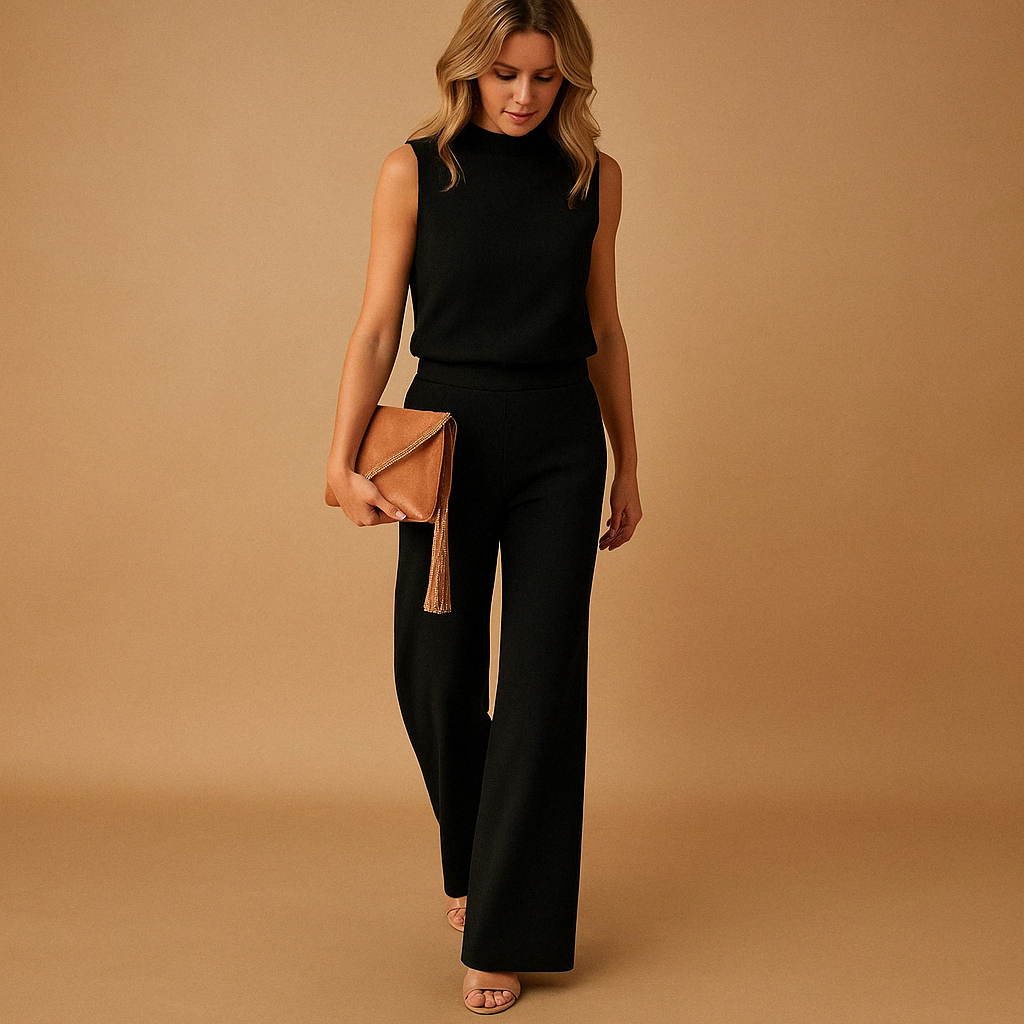 Elegant wide-leg jumpsuit for women with a round neckline and flattering mid-waist fit, perfect for work, evenings out, or special occasions.