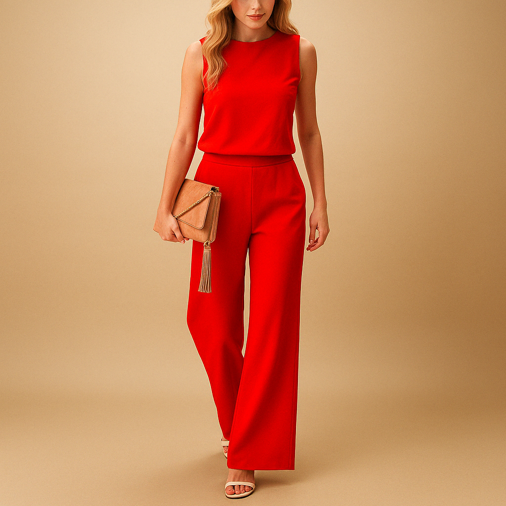 Elegant wide-leg jumpsuit for women with a round neckline and flattering mid-waist fit, perfect for work, evenings out, or special occasions.