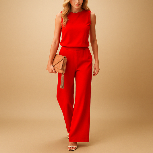 Elegant wide-leg jumpsuit for women with a round neckline and flattering mid-waist fit, perfect for work, evenings out, or special occasions.