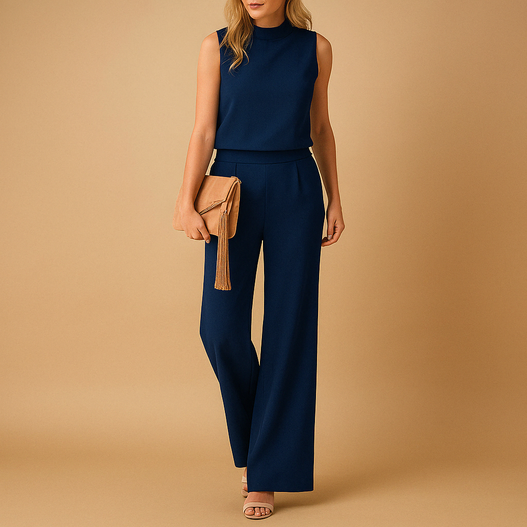 Elegant wide-leg jumpsuit for women with a round neckline and flattering mid-waist fit, perfect for work, evenings out, or special occasions.
