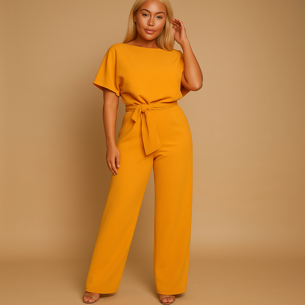 High-waist jumpsuit for women with elegant lace-up detail and flattering fit, available in multiple colors, ideal for work or evening wear.