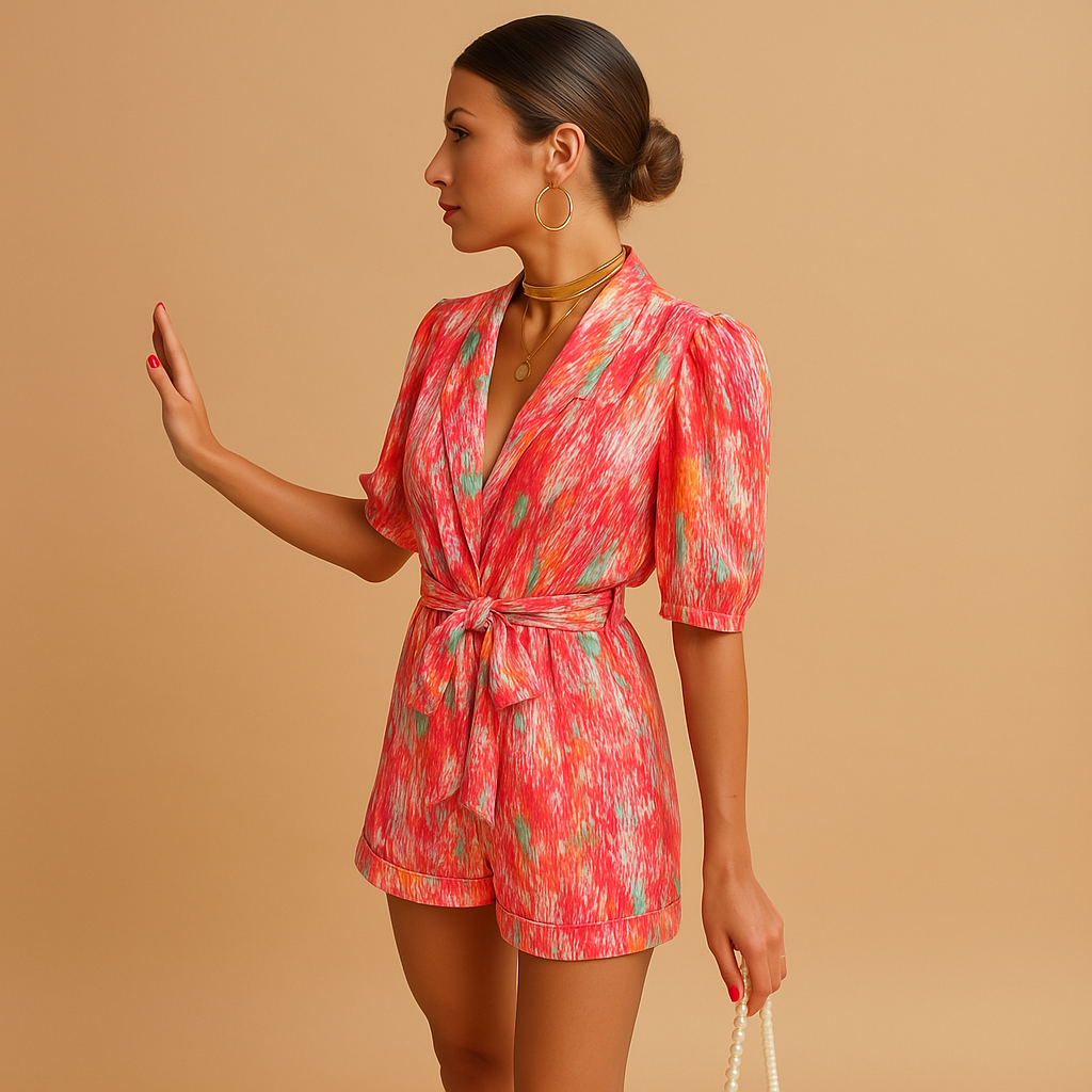 Short summer jumpsuit for women with a vibrant print and belted waist, perfect for warm days, evening outings, and casual summer looks.