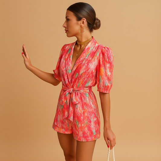 Short summer jumpsuit for women with a vibrant print and belted waist, perfect for warm days, evening outings, and casual summer looks.