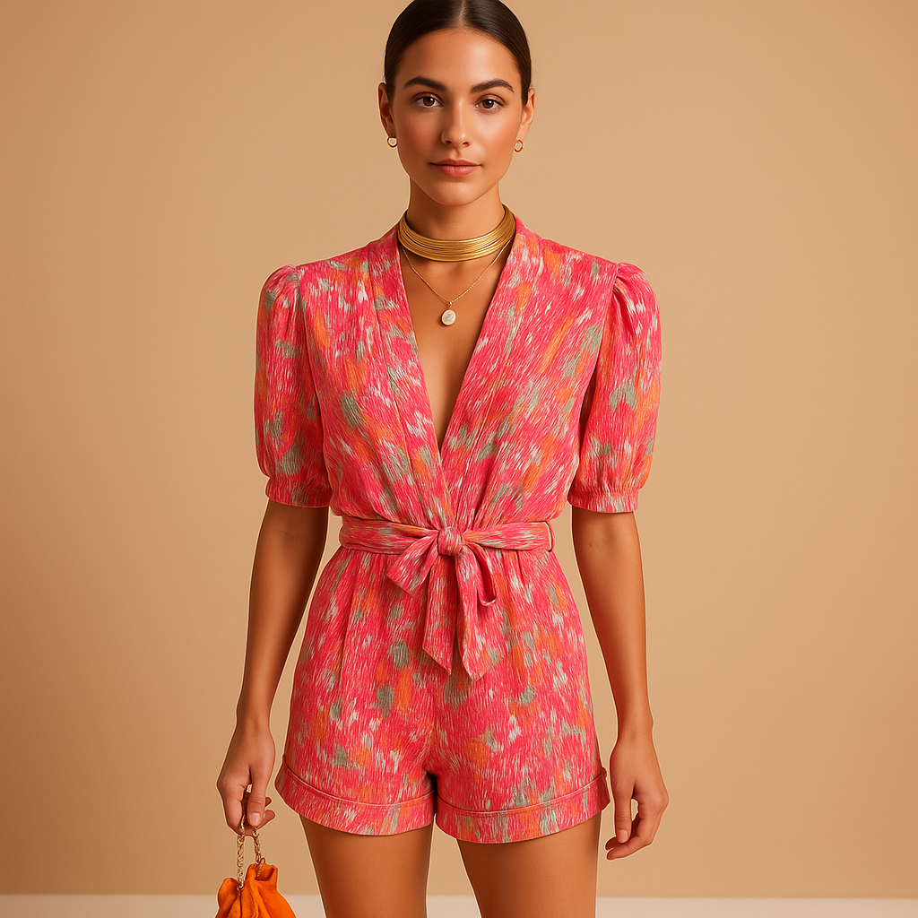 Short summer jumpsuit for women with a vibrant print and belted waist, perfect for warm days, evening outings, and casual summer looks.