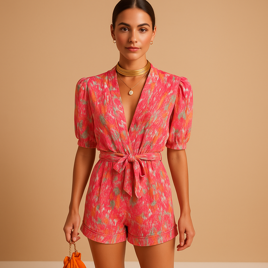 Short summer jumpsuit for women with a vibrant print and belted waist, perfect for warm days, evening outings, and casual summer looks.