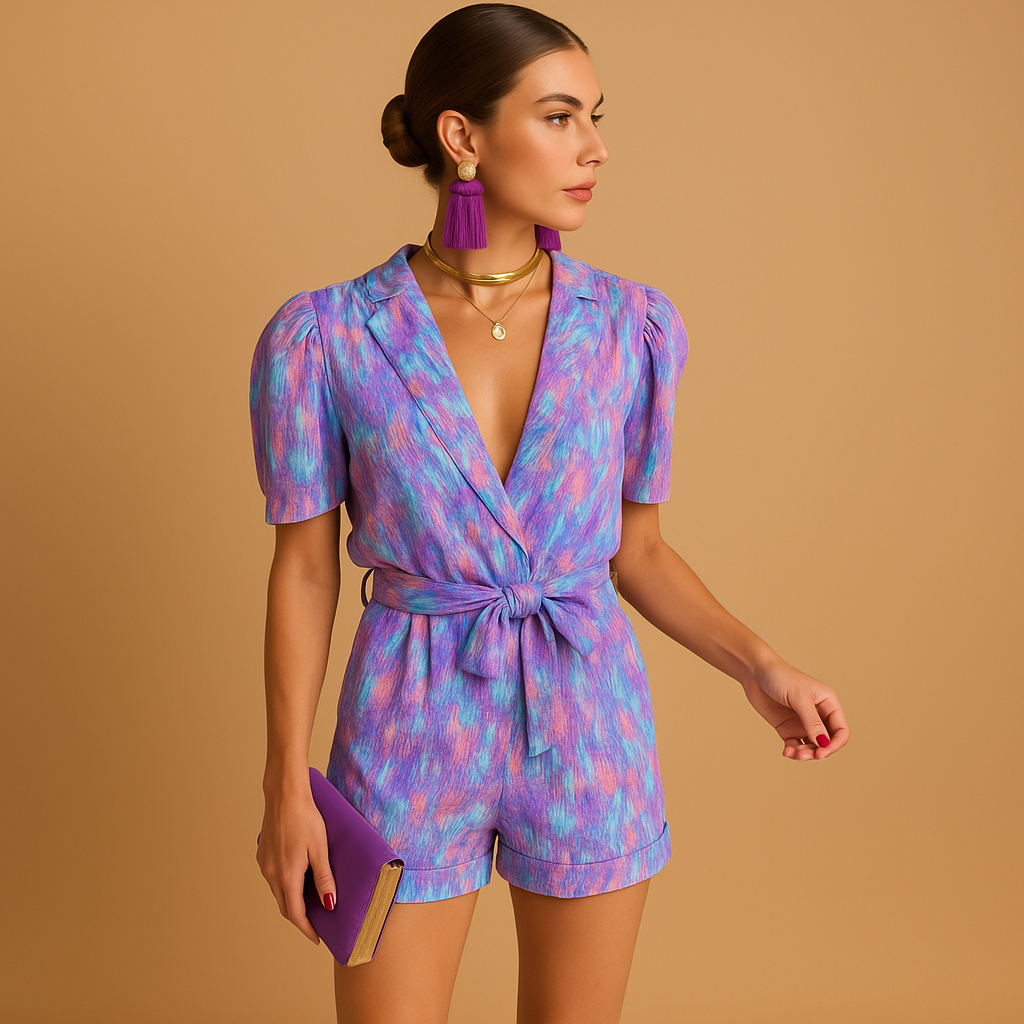 Short summer jumpsuit for women with a vibrant print and belted waist, perfect for warm days, evening outings, and casual summer looks.