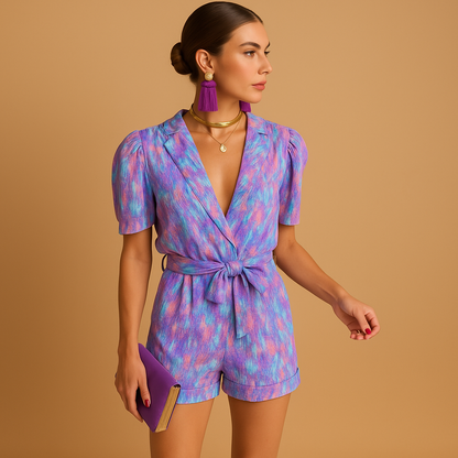 Short summer jumpsuit for women with a vibrant print and belted waist, perfect for warm days, evening outings, and casual summer looks.