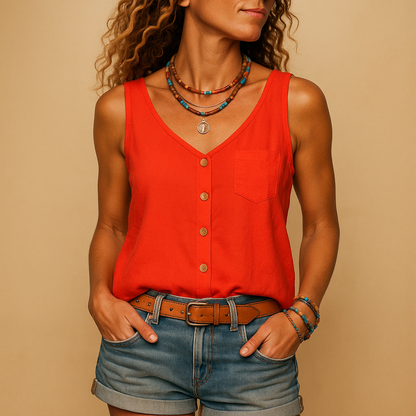 Sleeveless V-neck summer top for women with relaxed fit and pockets, available in multiple colors, perfect for casual and warm-weather outfits.