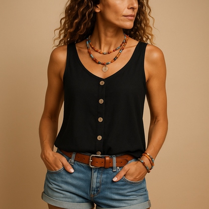 Sleeveless V-neck summer top for women with relaxed fit and pockets, available in multiple colors, perfect for casual and warm-weather outfits.