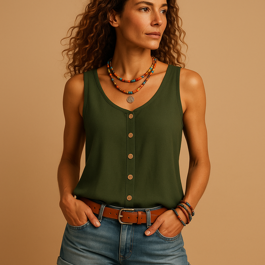 Sleeveless V-neck summer top for women with relaxed fit and pockets, available in multiple colors, perfect for casual and warm-weather outfits.