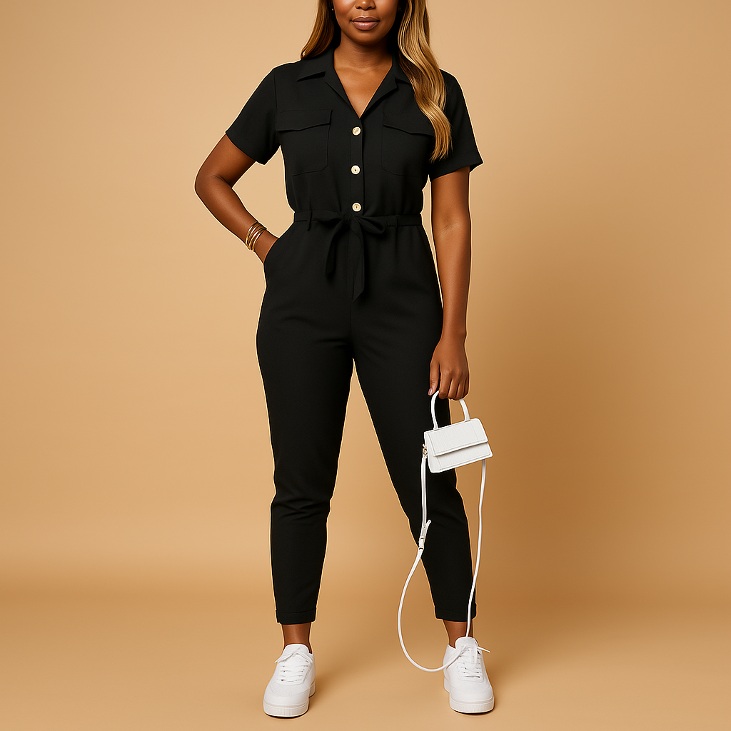 Stylish tailored button jumpsuit for women with a flattering fit, perfect for work, social events, and evenings out.