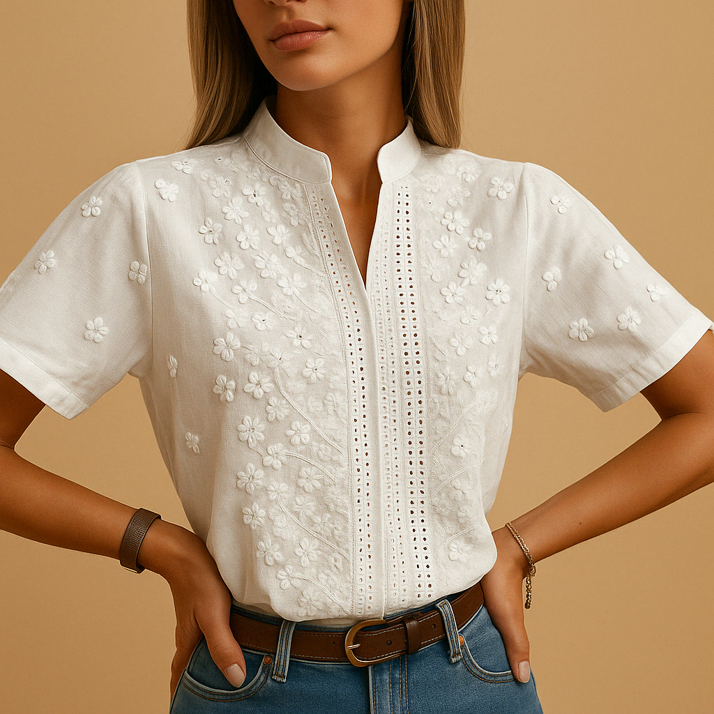 White elegant blouse for women with a classic collar and button-down design, ideal for work, casual days, or evening outings.